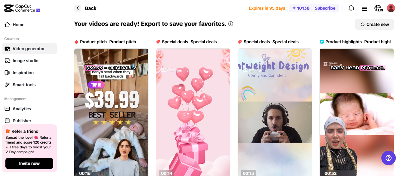 Pippit dashboard featuring video ads designed to boost online store traffic and eCommerce sales.